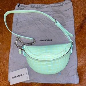 BALENCIAGA Mock Croc Embossed Souvenir Waist Bag XXS Teal Leather